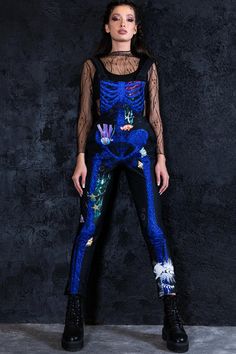 Overall Goth Outfit, Space Overalls, Skeleton Rave Outfit, Skeleton Overalls, Dungarees Women, Plus Size Overalls, Blue Skeleton, Skeleton Bodysuit, Overalls Black