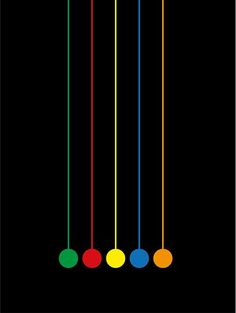 four colored balls hanging from strings on a black background, with the colors red, green, blue, and yellow