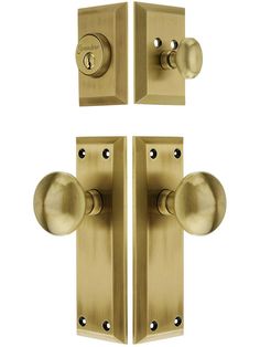 two brass door knobs and one has a keyhole on each side, both with the same handle