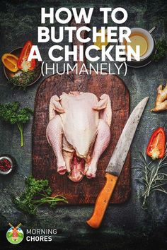 the cover of how to butcher a chicken by humaneyy, featuring an image of a raw chicken on a cutting board