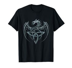 a black t - shirt with an image of a dragon and celtic symbols on it