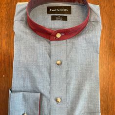 Men’s Casual/Dressy (High-Quality) Long-Sleeved Shirt, N/W/T Still Folded From Store. Upscale Quality, Denim-Color W Rust Banded Collar (Photo Looks Grey). Orig $95. (Lost Receipt For Size Exch.) Blue Semi-formal Tops With Placket, Blue Semi-formal Tops For Fall, Banded Collar Shirts, French Cuff Shirts, Bird Shirt, Linen Men, Casual Dressy, Paisley Shirt, Purple Shorts