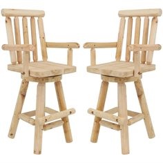 two wooden chairs sitting next to each other