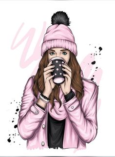 a girl in a pink jacket is drinking from a cup and holding her hands up to her face