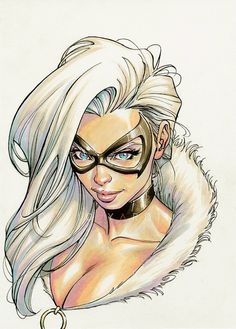 a drawing of a woman with white hair and black mask, wearing a fur collar