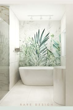 a bathroom with a bathtub, shower and plants on the wall behind it is featured in an advertisement for rabie design