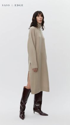 Featuring a mid length, turtle neck, ribbed cuffs and hemline with side slits to flatter the feminine silhouette. Cut in a gorgeous wool, you will keep warm whilst looking stylish and chic. Feminine Silhouette, Autumn Outfits, Leather Dresses, Instagram Live