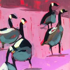 three geese are standing in front of a pink background