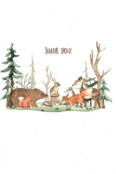 a thank card with watercolor animals and pine trees in the background that says, thank you