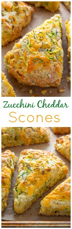 zucchini cheddar scones on a baking sheet with the title above it