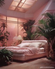 a bedroom with pink walls and plants in the corner