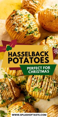 several baked potatoes with herbs on top and the words hasselback potatoes perfect for christmas