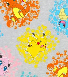 the pokemon characters are all different colors and sizes on this fabric, which is very similar to