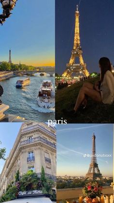 four different pictures with the eiffel tower in paris, france at night and day