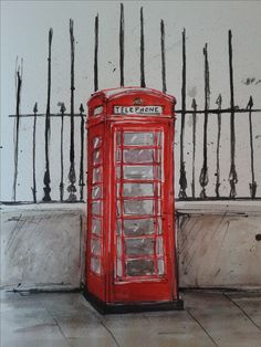 a drawing of a red phone booth in front of a fence