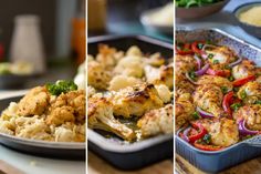 three different pictures of chicken and rice in pans on a table with tomatoes, broccoli, and cauliflower