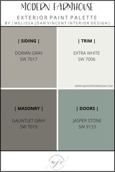 the modern farmhouse paint palette is shown in four different shades, including gray and white