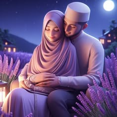 a man and woman are sitting on a bench in the middle of lavender fields at night