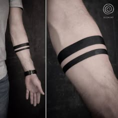 two pictures of the same arm and wrist with black bands on it, one is wearing a watch