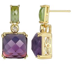 Elevate your look with these gemstone drop earrings showcasing a stunning array of genuine amethyst, peridot, and white topaz. These earrings feature a geometric design that beautifully captures the light, set in 18K gold-plated sterling silver for a touch of elegance. From Affinity Gems. Multicolor Gemstone Drop Earrings, Exquisite Multi-stone Gold Earrings, Gold Peridot Gemstone Earrings, Peridot Gemstone Drop Earrings, 14k Gold Multi-stone Drop Earrings, Gemstone Drop Earrings, White Topaz, Gold Plated Sterling Silver, Geometric Design