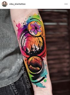 a person with a colorful tattoo on their arm and the image is painted in watercolor