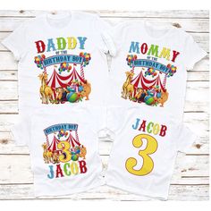 two birthday shirts with circus theme on them