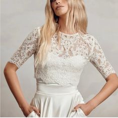 Gorgeous Lace Bridal Top From Catherine Deane For Bhldn. Lace, Cropped But Still Long Enough To Tuck In To A High Waisted Skirt Or Suit Pants. Satin Covered Button Closure In Back Is A Beautiful Vintage Detail. Top Is Unlined. Size Large Fits A Womens 12. Non Stretch And Unlined. Nwot Tags - I Purchased To Wear With The Catherine Deane Mae Skirt For My Wedding But Ended Up Going With Something Else. Pants Satin, Catherine Deane, Bridal Tops, Lace Bridal, Suit Pants, Bridal Lace, My Wedding, Dean, High Waisted Skirt