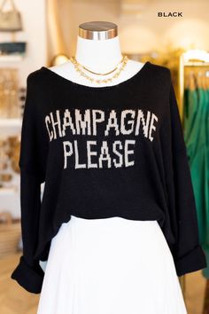 Get the party started in these adorable Champagne sweaters! Showcased in 4 color options, our champagne sweaters are crafted with a light weave that is soft to the touch. This sweater is a perfect transitional piece as the weather changes throughout the seasons. Cozy up at home or go out on the town with this versatile piece that is a must have in your wardrobe. Perfect for bachelorette parties, brunch dates, and so much more! "Champagne Please" sweater, Lightweight weave perfect for layering, L Winter Brunch Knit Sweater, Winter Knit Sweater For Brunch, Casual Crew Neck Sweater For Party, Trendy Party Sweater With Crew Neck, Trendy Crew Neck Sweater For Party, Party Crew Neck Knit Top, Fall Party Crew Neck Knit Top, Chic Party Sweater For Spring, Party Knit Top With Crew Neck