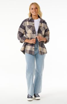 A spread collar and relaxed fit lend to the laid-back vibes of this cotton flannel shirt covered in classic plaid. 17 1/2" length Spread collar Long sleeves with button cuffs 100% cotton Machine wash, line dry Imported Streetwear Women, Rip Curl, Streetwear Outfit, Cotton Flannel, Plaid Flannel, Flannel Shirt, Button Up Shirts, Shirt Blouses, Button Up