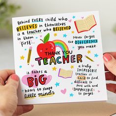 someone holding up a card with an apple and teacher's words on it in their hands