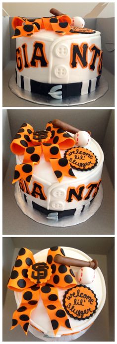 two pictures of a cake with orange and black decorations on the top one is decorated in leopard print