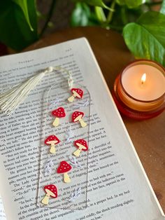 an open book with some red and white beads on it next to a lit candle