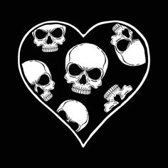 three skulls in the shape of a heart on a black background with white outlines