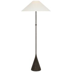 a floor lamp with a white shade on the top and bottom part of it's base