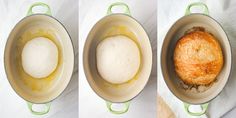 three pans filled with food sitting on top of a white countertop next to each other