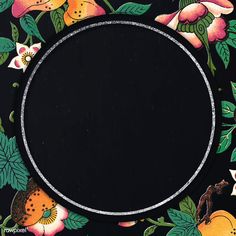 a black circle surrounded by flowers and leaves on a black background with white outline in the center