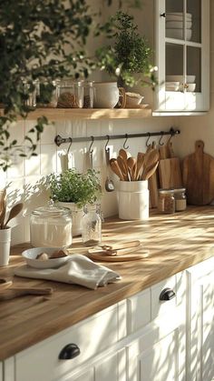 the kitchen counter is clean and ready to be used as a place for cutting vegetables