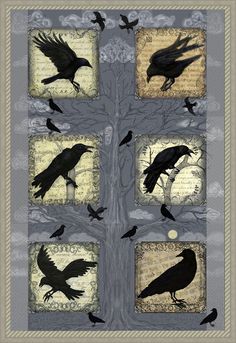 a quilt with crows on it and four squares in the shape of a cross,