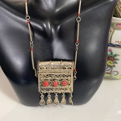 Gorgeous In Old Silver Great Detail & Red Coral Vintage Red Jewelry With Polished Finish, Vintage Red Ceremonial Necklace, Vintage Red Coral Jewelry With Polished Beads, Red Vintage Necklace For Collectors, Carved Red Vintage Jewelry, Silver Purse, Tibetan Jewelry, Silver Engraving, Red Coral