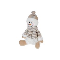 a small stuffed snowman with a hat and scarf on it's head, sitting in front of a white background