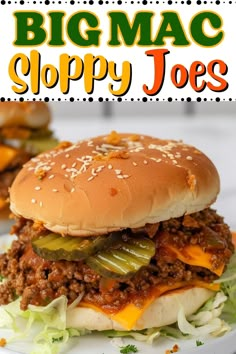 a big mac sloppy joes sandwich on a white plate with the title above it