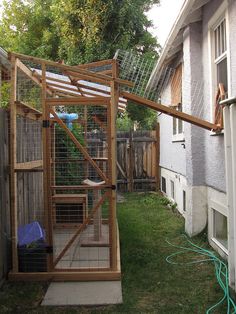 a bird cage in the back yard next to a house with a cat on it