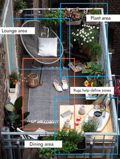 an overhead view of a balcony with plants and potted plants on the floor, including plant area, rugs help determine zones