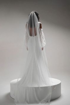 the back of a bride's wedding dress, with her veil draped over her head