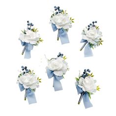 six bouquets of white and blue flowers are arranged in the shape of a bow