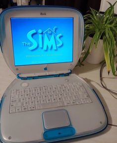 an open laptop computer sitting on top of a white table next to a potted plant