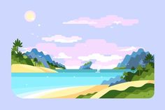 a landscape with mountains, trees and the ocean in pastel colors on a blue background