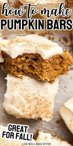 pumpkin bars with white frosting and cinnamon sprinkles are stacked on top of each other