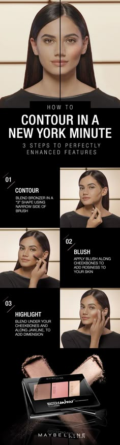 Contouring is not as scary as it looks! It only takes three easy steps to get a natural looking sculpted face with the new Master Contour palette. From Thanksgiving to New Year's Eve, take on the holidays with a natural glow. Teknik Makeup, Obličejové Masky, Sculpted Face, How To Contour, Eyeshadow Tips, New York Minute, Long Eyelashes, Homemade Beauty