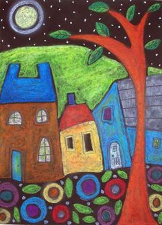 a drawing of houses and a tree with the moon in the background